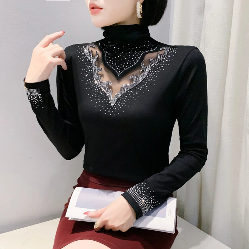 2025 European Station Women’s Long Sleeve Tee – Stand Collar Slim Mesh Top with Hot Diamond ✨👚