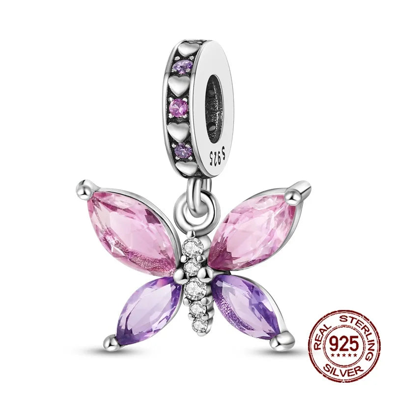 925 Sterling Silver Purple Flower & Butterfly Dangle Charm | Bead for 4MM Bracelet or Necklace DIY Jewelry Gift