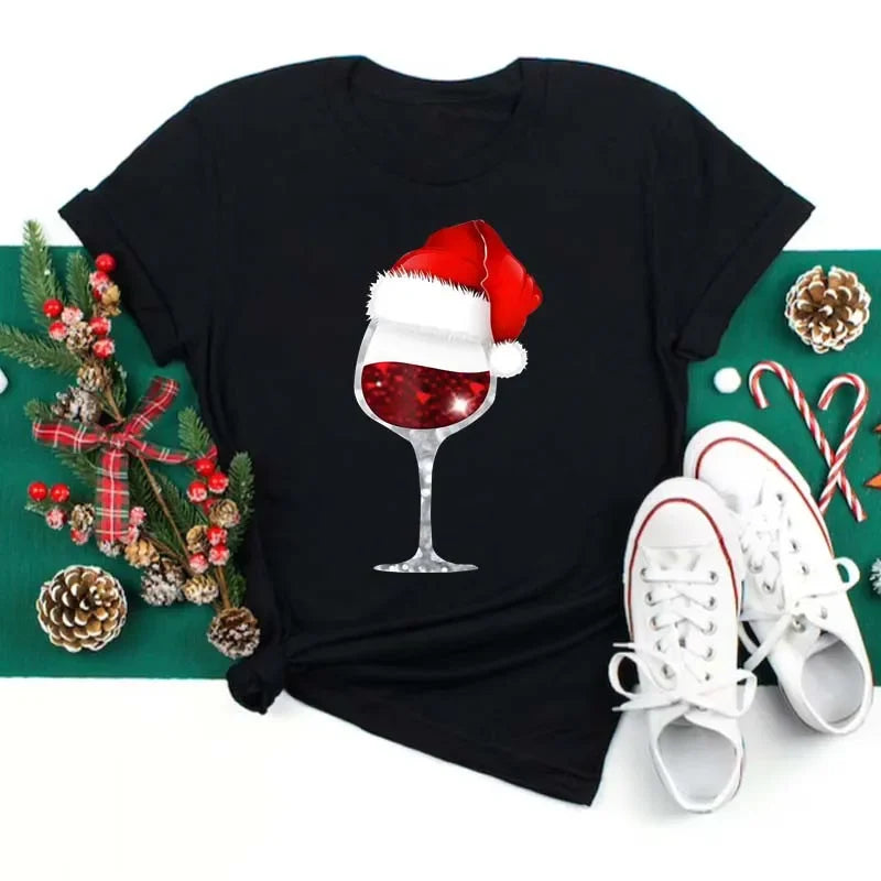Women’s Christmas Wine Glass T-Shirt | Funny Holiday Black Tee Xmas Gift Top 2025