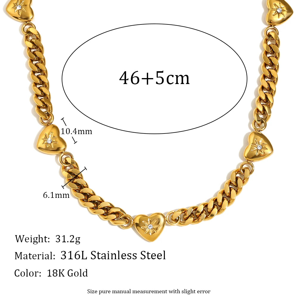 18K Gold Plated Stainless Steel Ocean Heart Cuban Chain Bracelet for Women – Zircon Paved Bangle