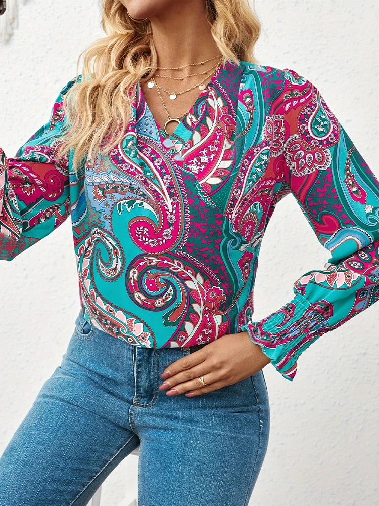 Spring Summer Women’s V-Neck Paisley Print Shirt – Pleated Sleeve Casual Fashion Top for Ladies 🌿✨