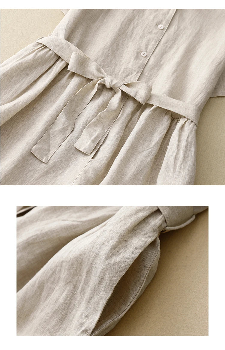 Pure Linen Shirt Dress – Women's Summer Lightweight Breathable Long Dress, Loose Plus Size with Slimming Belt