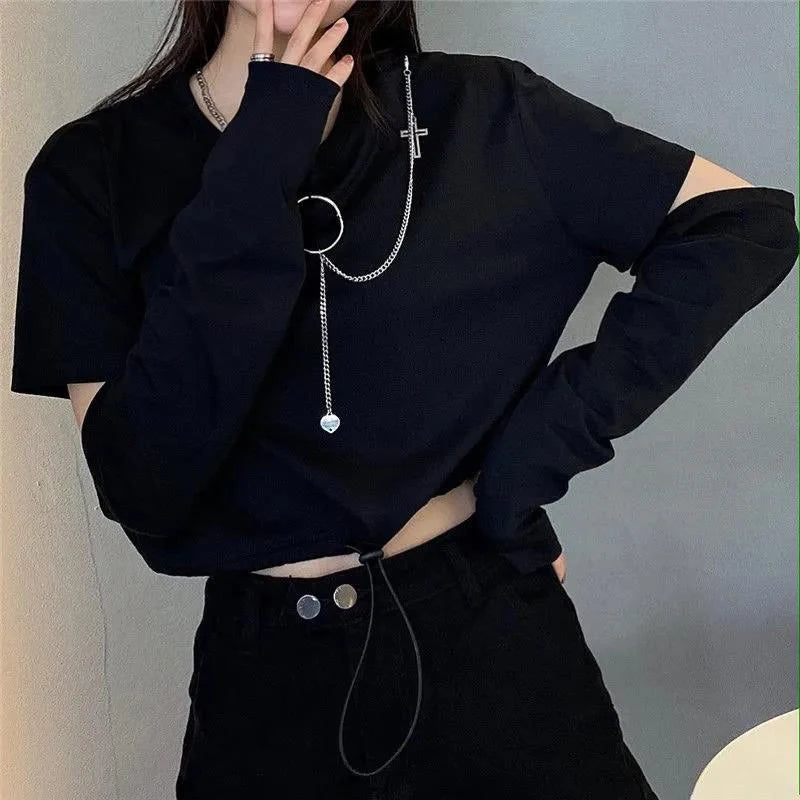 Spring Autumn Women’s Harajuku Cargo Two-Piece Suit – Cool Chain Ribbon Long Sleeve Top & Pants 🖤✨