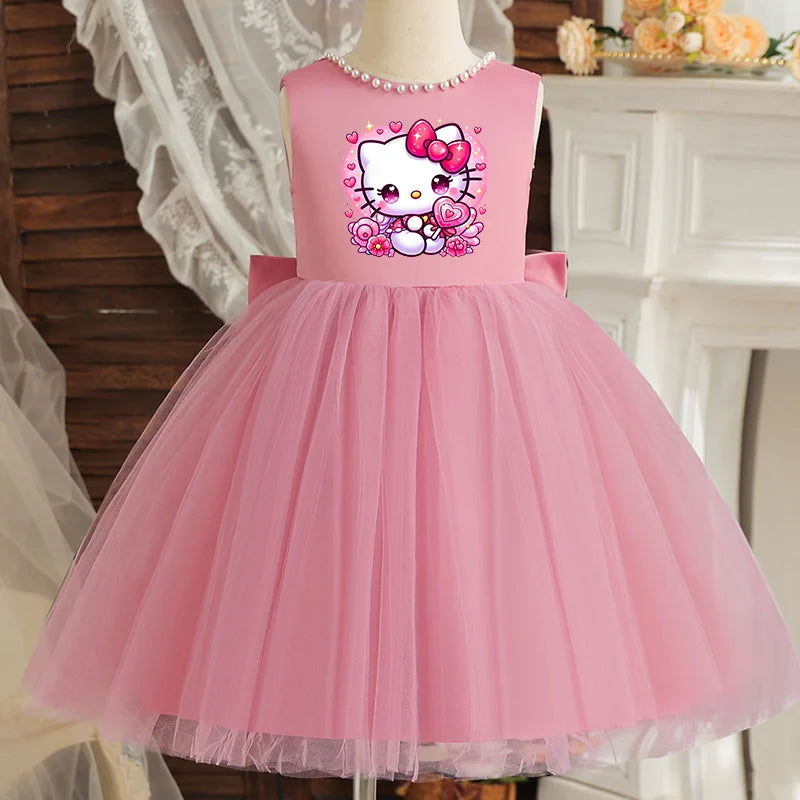 Hello Kitty Kids Pearls Elegant Princess Dress for Girls Backless Bow Baby 1st Birthday Baptism Tutu Gown Wedding Dress