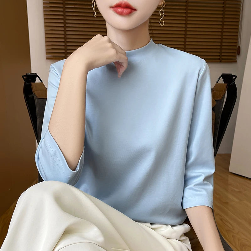 Women’s Cotton T-Shirt | Semi-High-Neck Cropped Sleeve Top | Loose Solid Color Summer & Autumn Bottoming Tee
