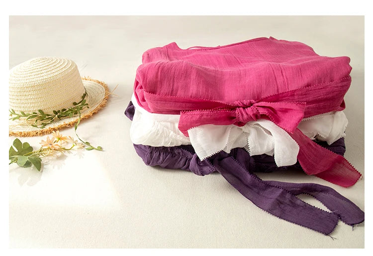 Women’s Summer Lightweight Cotton Dress – Long Sleeve Loose Waist A-Line Retro Dress with Belted Splice