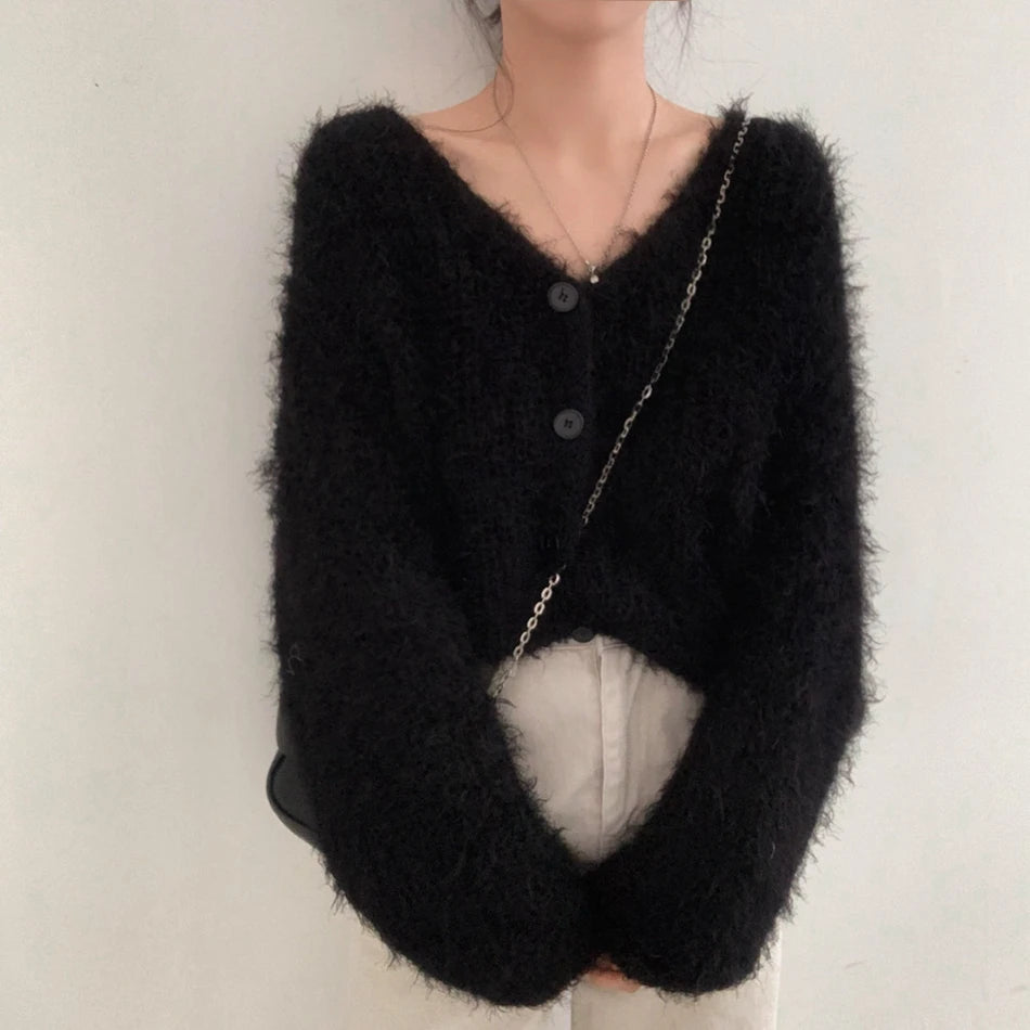 Chic V-Neck Knitted Sweater Coat for Women 🧥✨ Faux Fur Lazy Style Cardigan 💖 Autumn Winter Fashion Outerwear