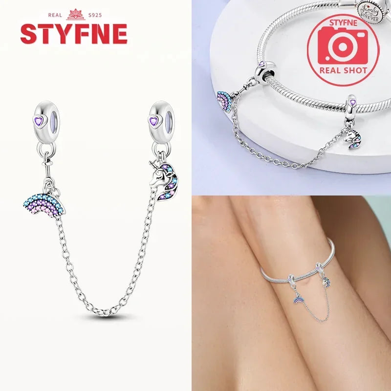S925 Silver Cute Cat Heart Bead Safety Chain Fit Original Bracelet