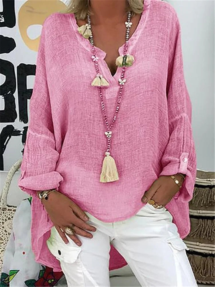 Women’s Loose V-Neck Long Sleeve Blouse | 6-Color Casual Solid Top for Spring & Autumn