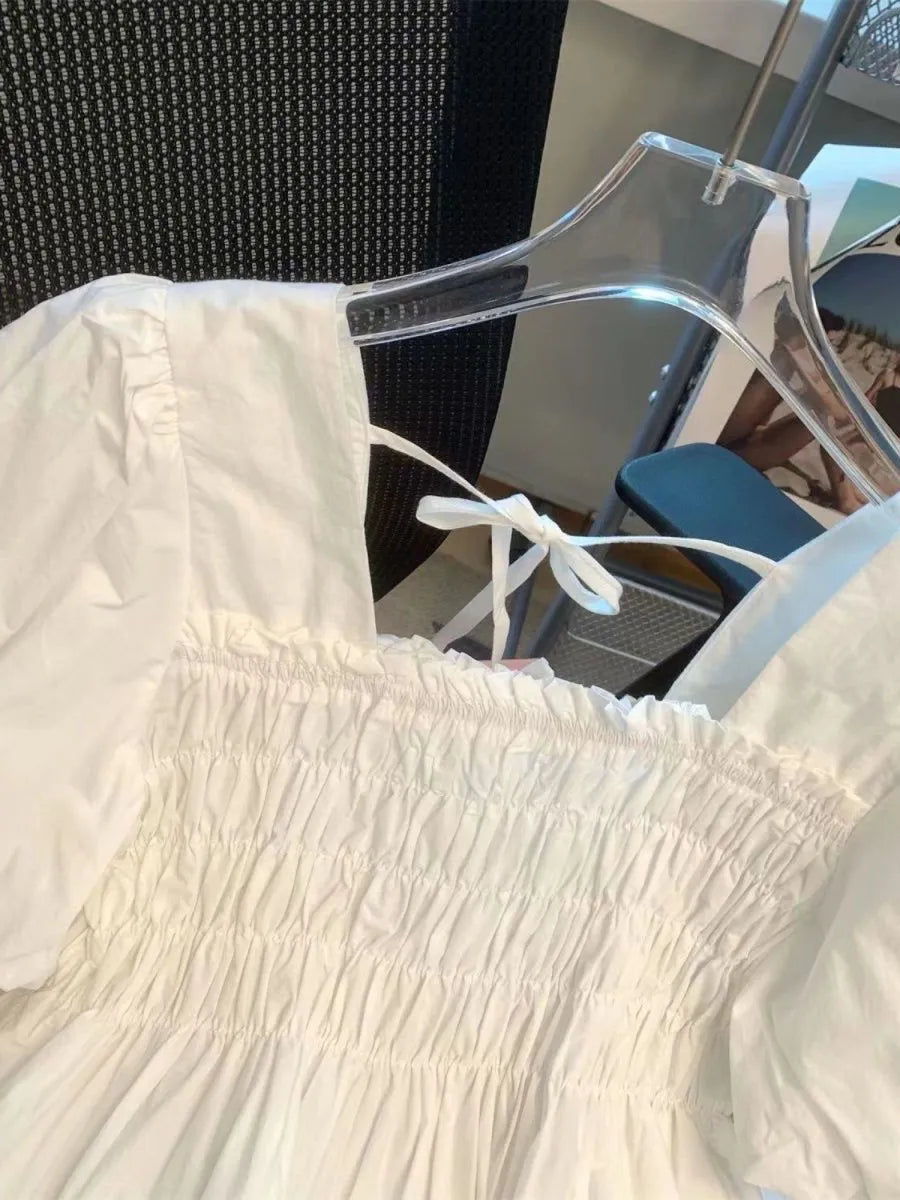 ☀️ Summer 2025 New Square Collar Pleated Short Sleeve Doll Shirt 👚 Women’s Small Size Bubble Sleeve Chiffon Blouse Top 🌸