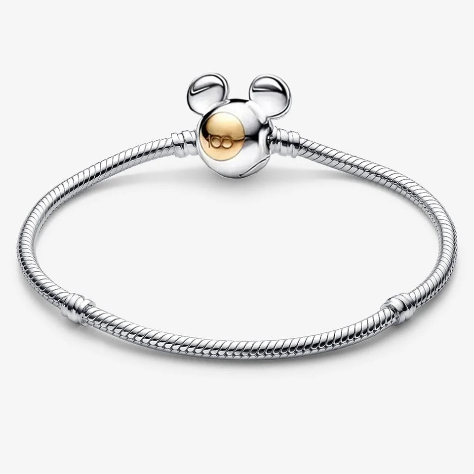 925 Sterling Silver Disney Minnie & Mickey Heart Charm Bracelet | Gold Bead ME Matte Braided Chain – Fashion DIY Jewelry