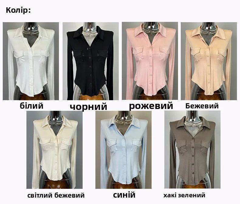 Sexy Button-Up Slim Fit Blouse – Women’s Early Autumn Korean Style Double Pocket Swing Top