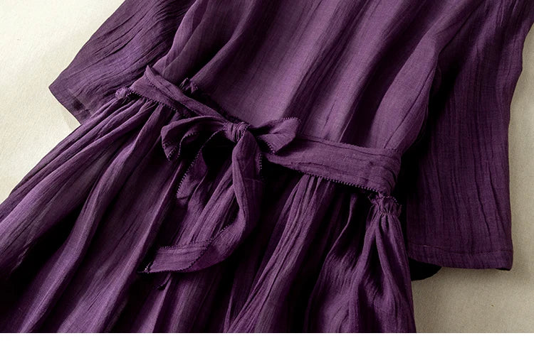 Women’s Summer Lightweight Cotton Dress – Long Sleeve Loose Waist A-Line Retro Dress with Belted Splice