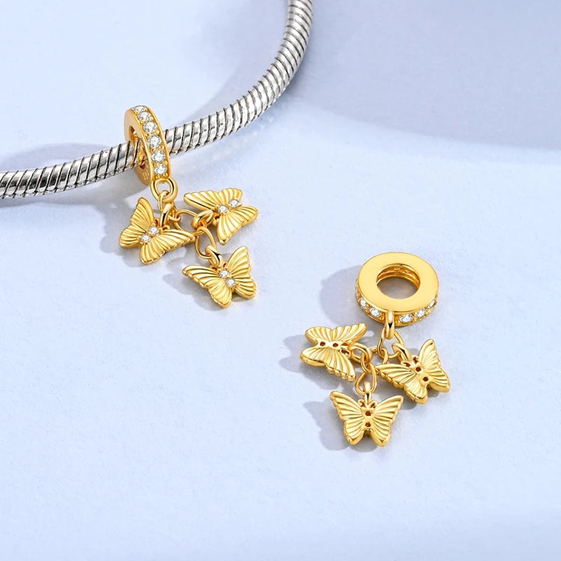 925 Sterling Silver Gold Charms Beads | Leopard, Butterfly, Firefly & Bee Dangle Fit Original Bracelet Women DIY Jewelry Gift