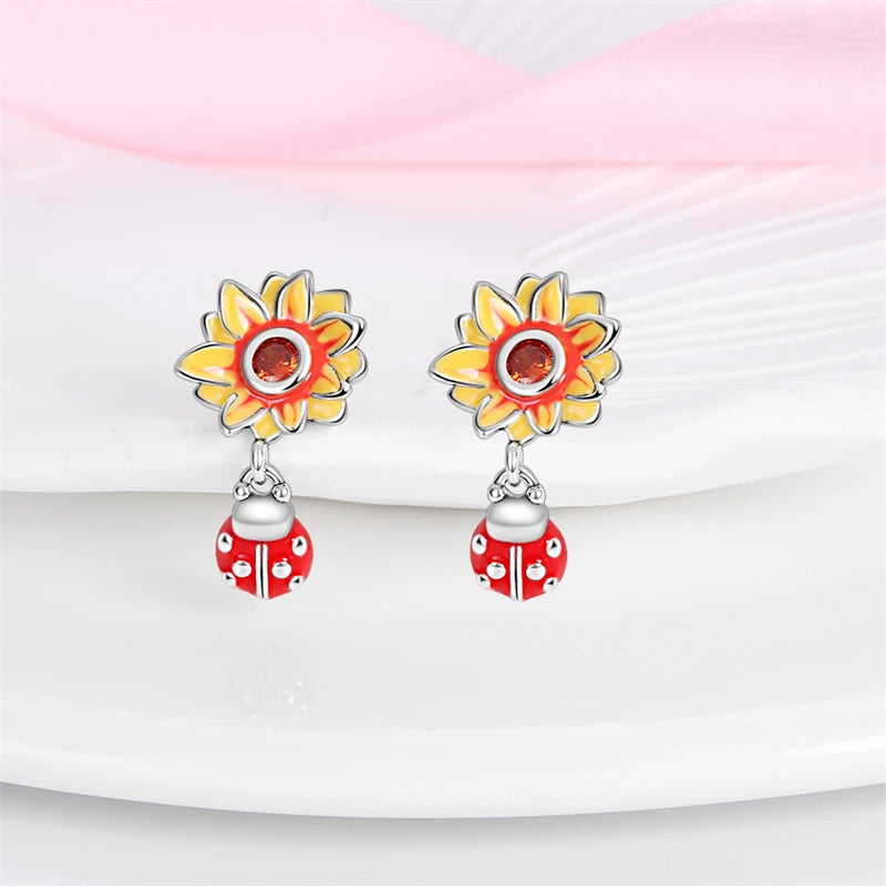 Luxury 925 Sterling Silver Sunflower & Ladybug Earrings | Pave CZ Fashion Jewelry Gift for Women Engagement & Anniversary
