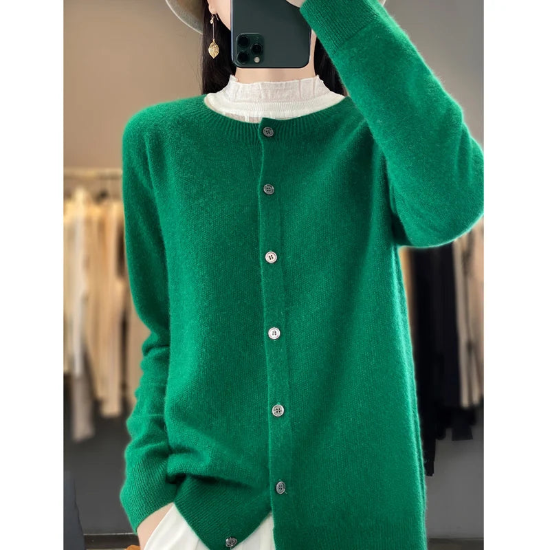 Women’s 100% Pure Wool Loose Cardigan – Autumn Winter Round Neck Solid Color Top 🍂🧶