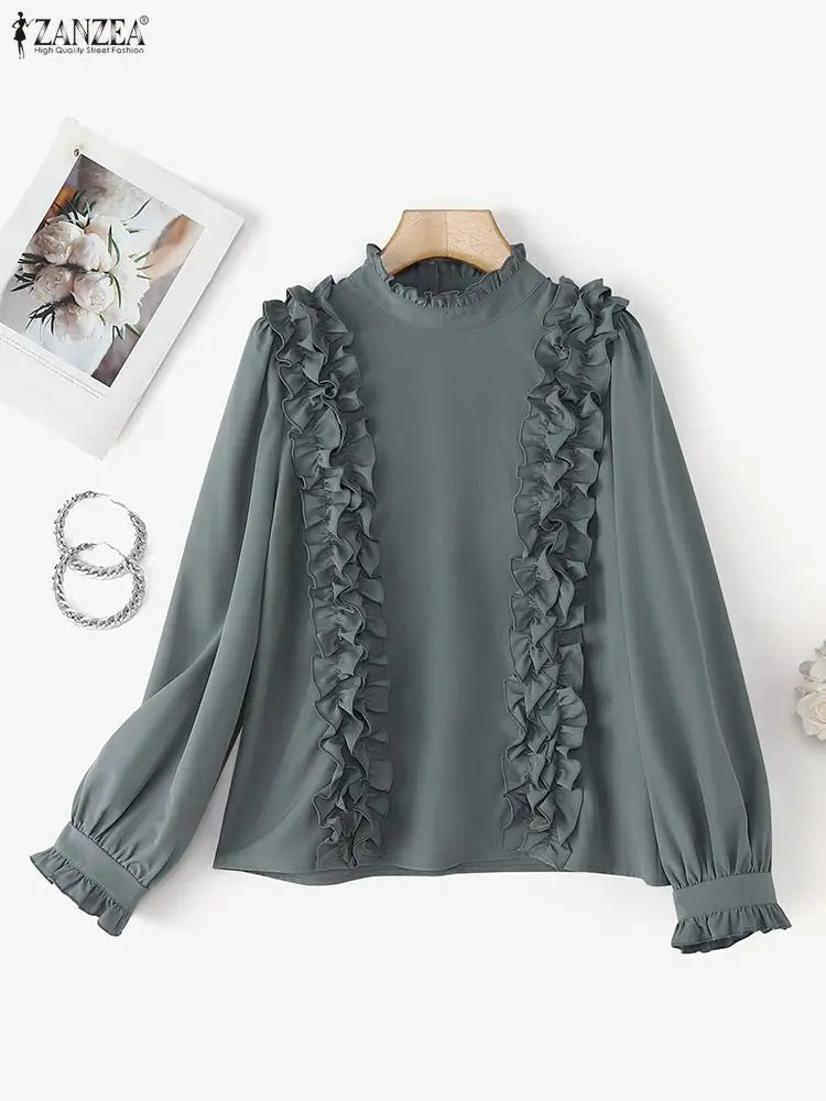 ZANZEA Stylish Ruffled Blouse – Women’s Long Sleeve Stand Collar OL Office Shirt 2025 👚✨