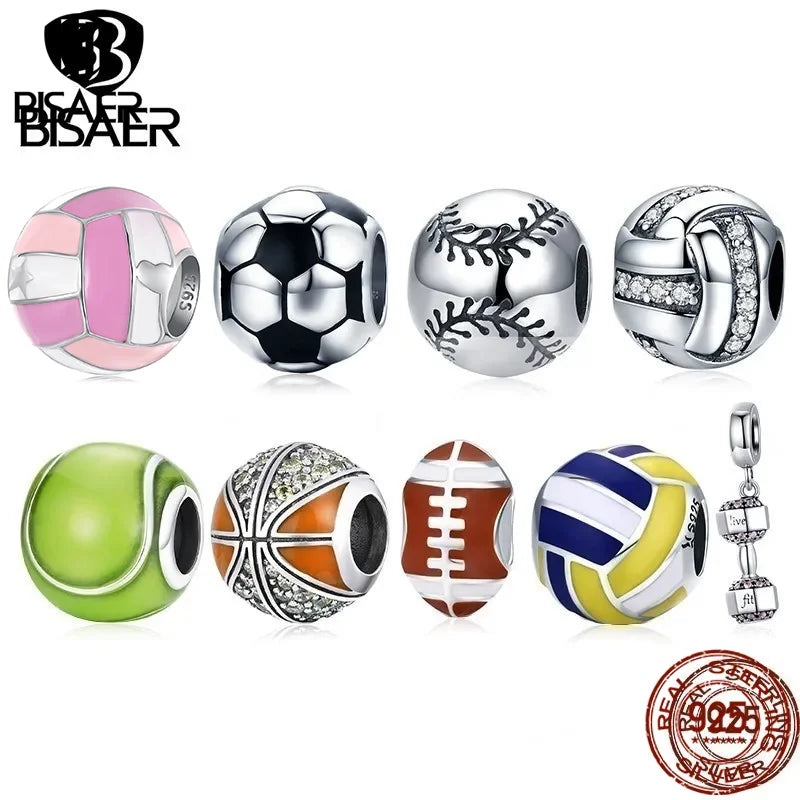 BISAER 925 Sterling Silver Ball Series Charms – Football, Volleyball, Tennis & Basketball Beads Fit Pandora Bracelet DIY Jewelry