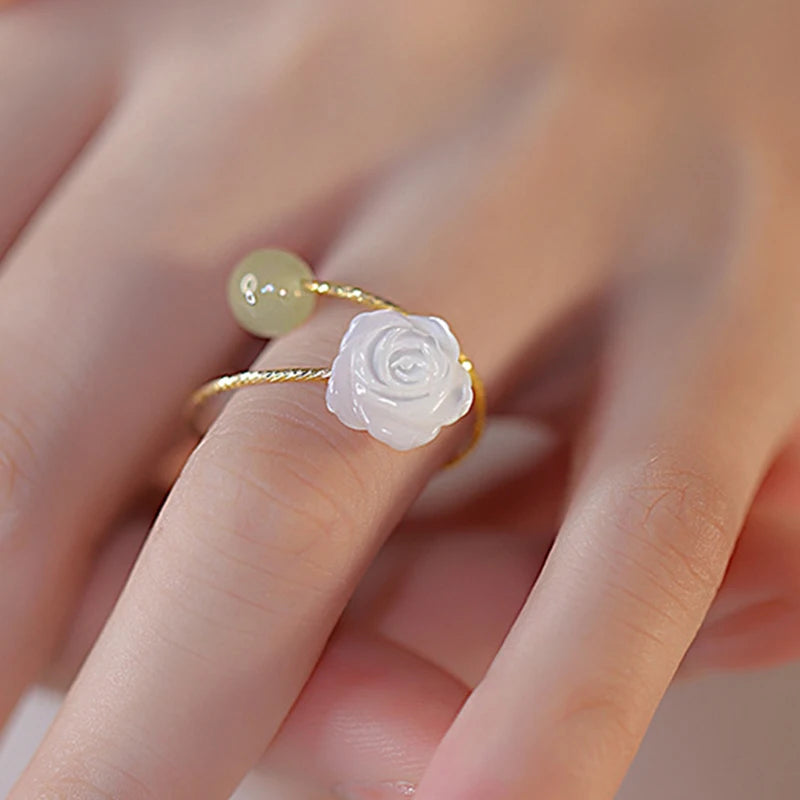 PANJBJ 925 Sterling Silver Hotan Jade Geometric Adjustable Ring | Retro Delicate Jewelry Gift for Women