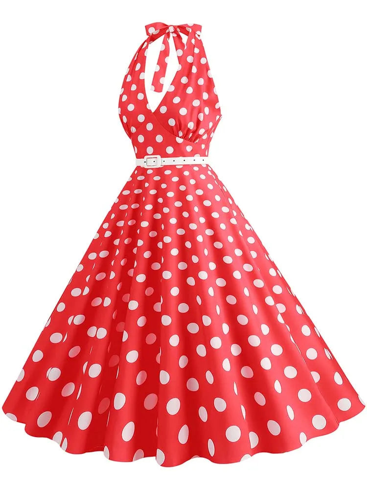 Women’s Vintage Halter Party Dress – Summer Polka Dot Midi Cocktail Prom Elegant Dress