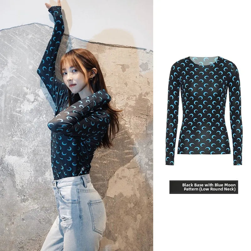 American Retro Women’s Two-Piece Set – Ice Silk Top & Pants with Moon Print Long Sleeve 🌙✨