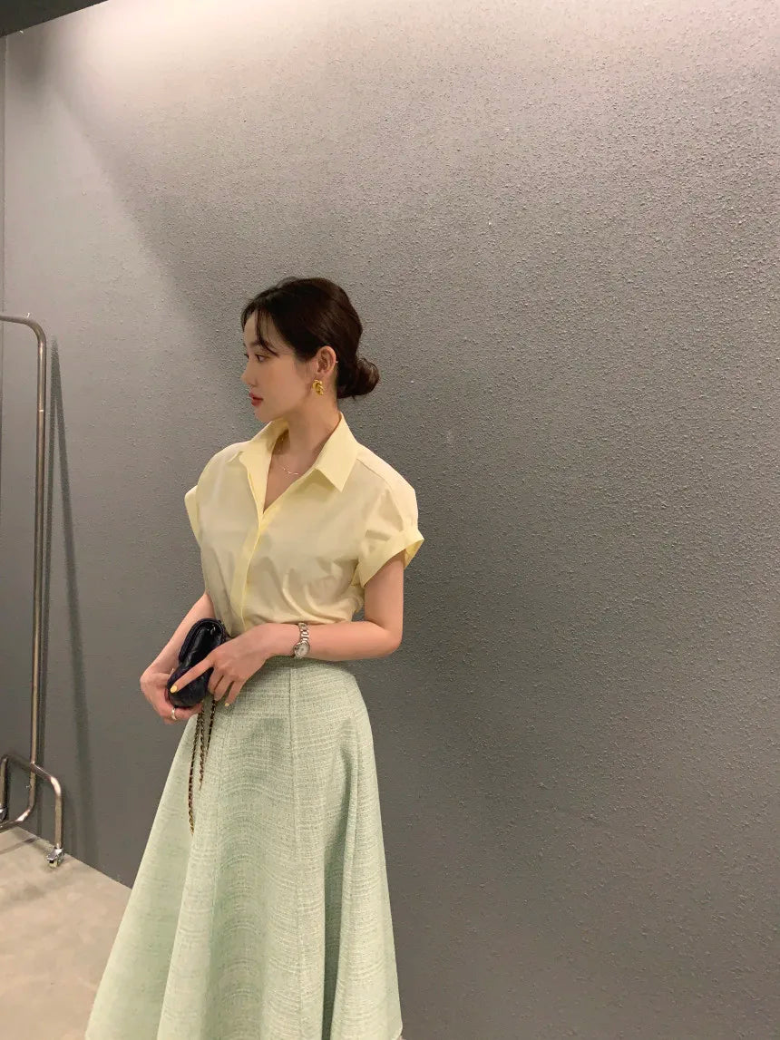 Chic Summer Loose Women’s Shirt | Classic Pure Color Professional Blouse with Small Lapel Collar