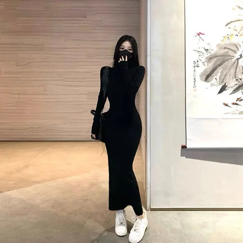 Slimming Bla Long Sve High Collar Bodycon Dr Tight Base Layer One Step Wrap around Skirt Women's Faion Spring Autum...
