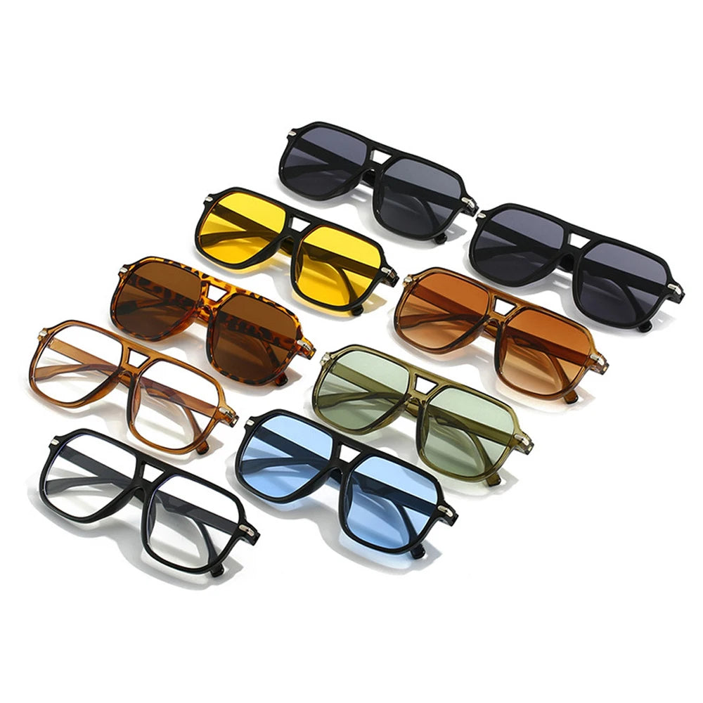 Retro Big Frame Square Sunglasses – Women & Men Double Beam One-Piece Designer Pilot Sun Glasses | Black Circular Cool Shades