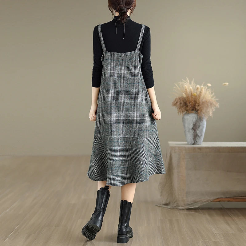 Autumn Winter Plaid Wool Skirt Vest Dress – Slimming Plus Size Mid-Length Thin Base Layer Outerwear | Casual Round Neck Dress