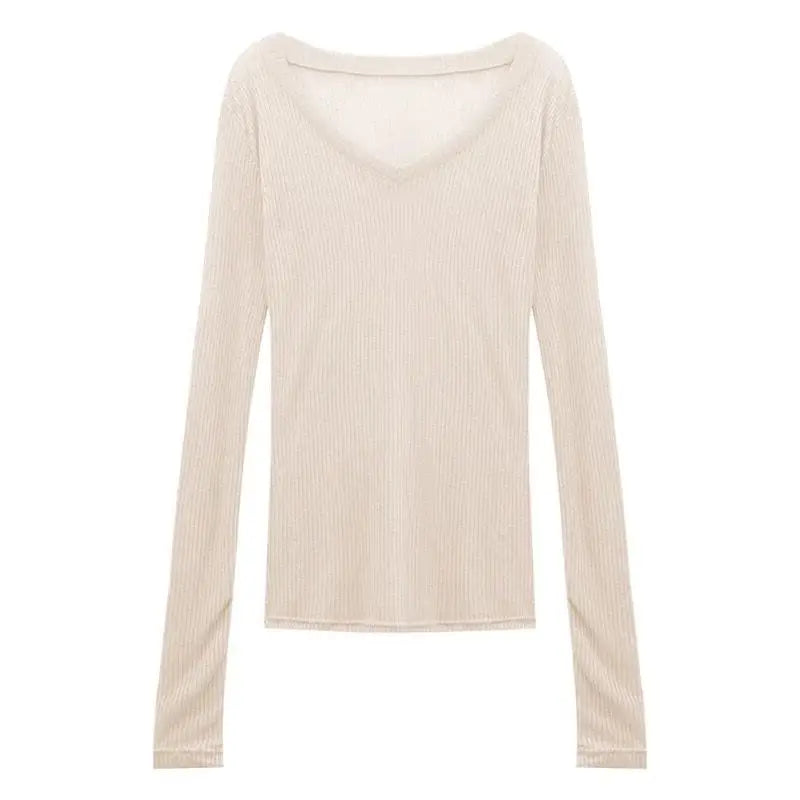 Slim Fit V-Neck Transparent Knitted Top for Women | Autumn 2024 Elegant Long Sleeve Thin Sweater | Classic Commuter Style