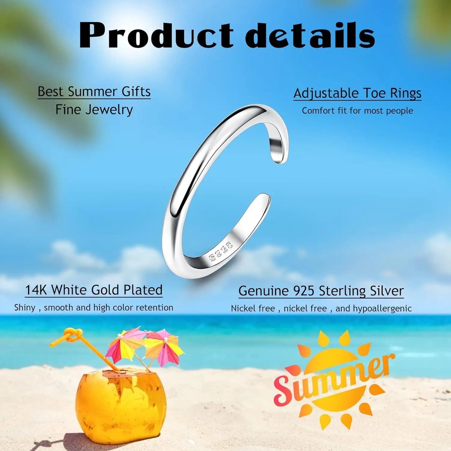Fansilver S925 Sterling Silver Adjustable Toe Rings for Women – White Gold Plated Flower Summer Beach Foot Jewelry