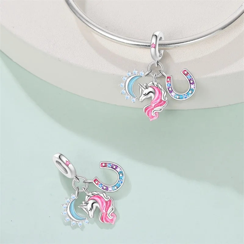 925 Silver Plated Magic Mirror Princess Angel Pink Charm Beads | Fits Original Pan 925 Bracelet | Exquisite DIY Jewelry