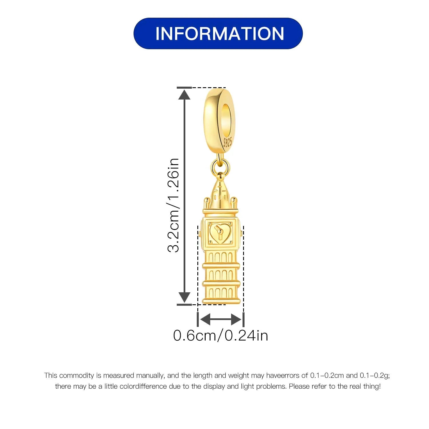 925 Sterling Silver Golden London Big Ben Charm Pendant | Travel Series Bead for Women DIY Bracelet Jewelry Gift