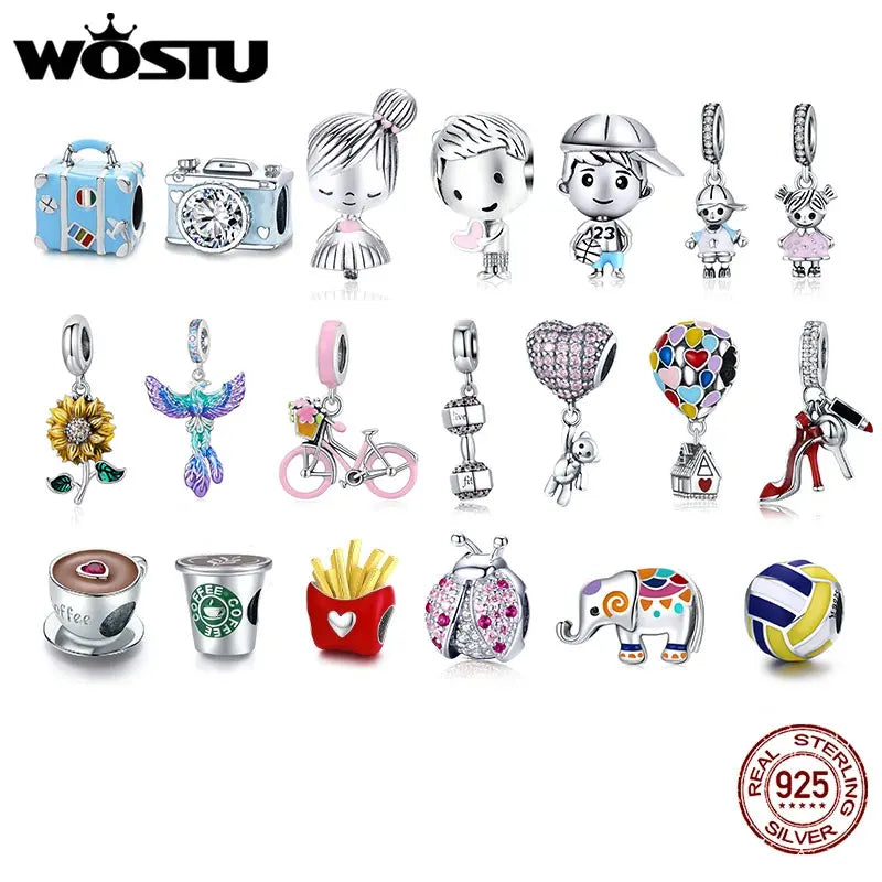 WOSTU 925 Sterling Silver Mixed Charms | Pet, Camera, Bee, Coffee & Ladybug Beads – Fit Original Pandora DIY Bracelet Jewelry