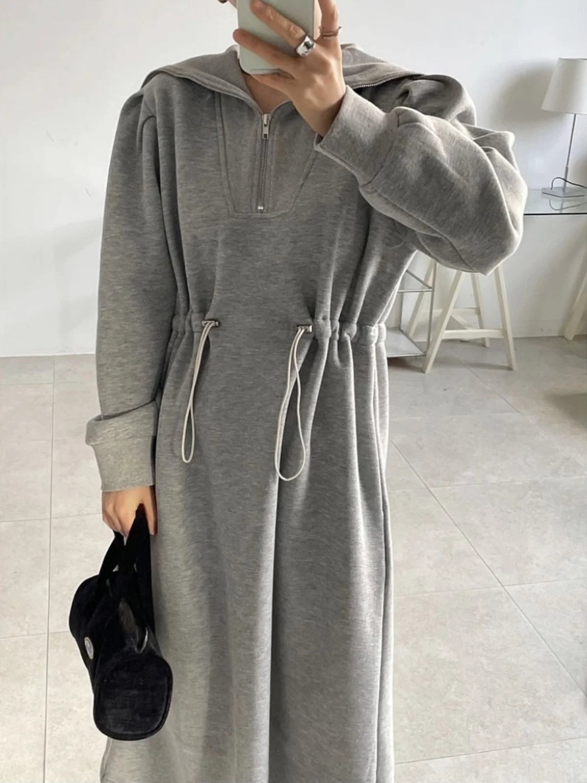 Chic Autumn Long Sve Dstring Waist Slim A-Line Dr Hoodie Women's Faionable Youthful f Open Collar Dr