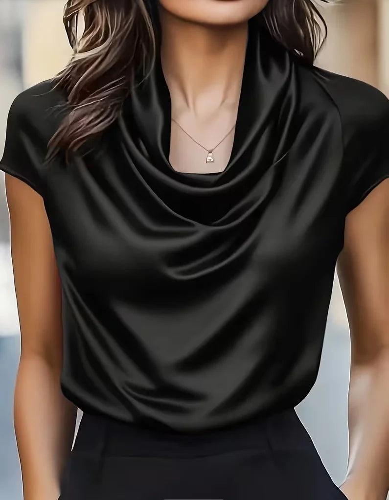 Women’s Satin Cowl Neck Blouse ✨ Short Sleeve Elegant Office Evening Top 💖