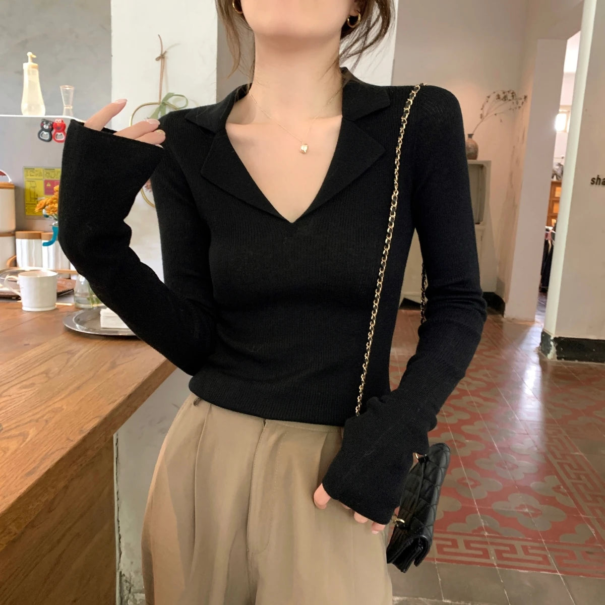 French Style Knitted Long Sleeve V-Neck Collar Sweater – Women’s Winter Base Layer Top | Stretchy Fit for Young Women