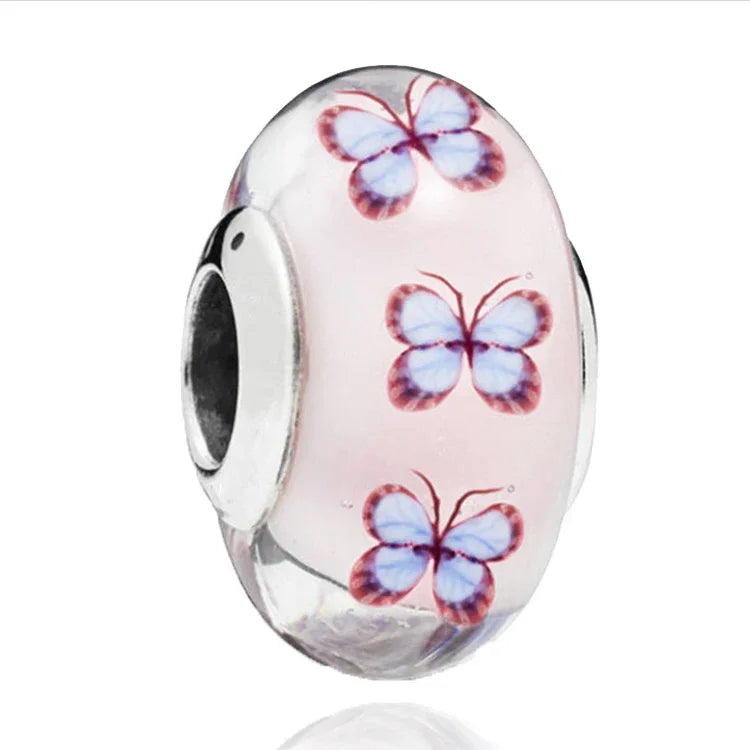 Original Murano Glass 925 Sterling Silver Butterfly Flower Leaf Rainbow Charm Bead | Cosmic DIY Bracelet Jewelry Gift for Women