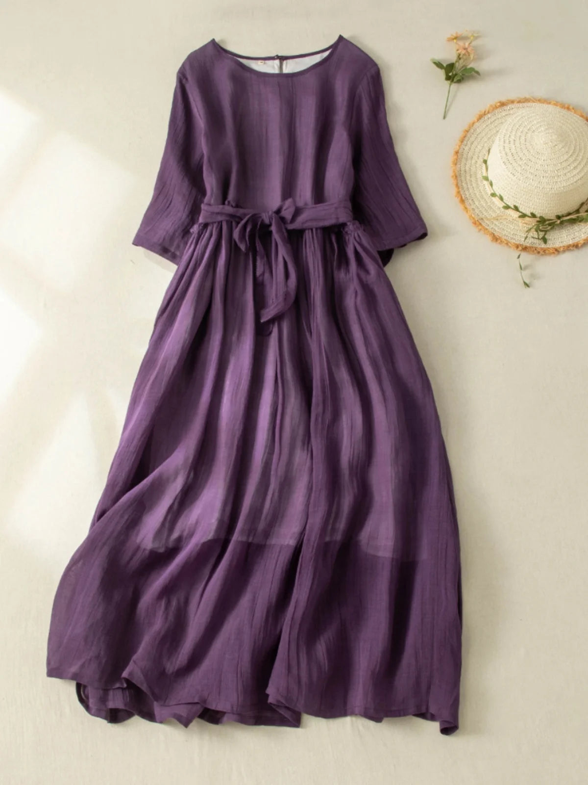 Women’s Summer Lightweight Cotton Dress – Long Sleeve Loose Waist A-Line Retro Dress with Belted Splice