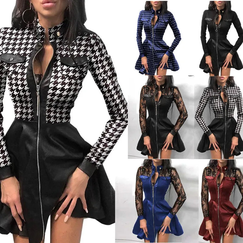 Zipper Pocket PU Leather Dress for Women – Sexy Lace Mesh Sleeve Patchwork Mini Party Dress | Winter Elegant Stand Neck Button Dress
