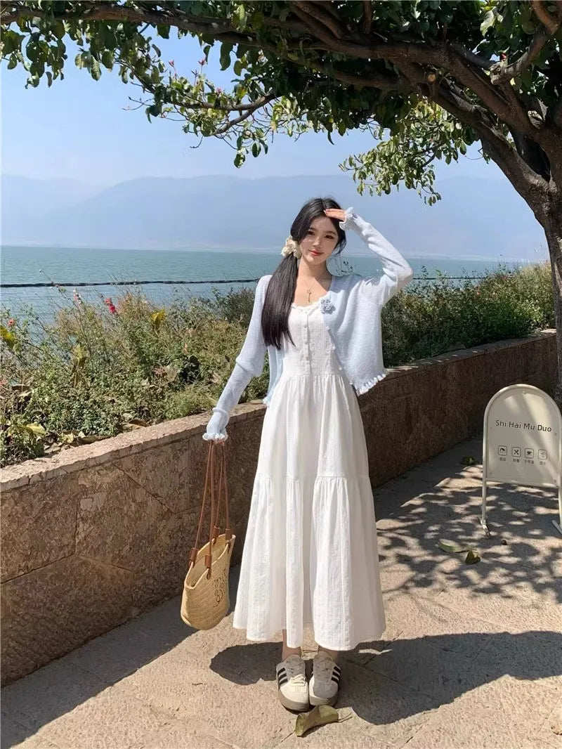 Summer 2025 Women’s Pure Cotton White Strap Dress with Long Sleeve Ice Silk Knitted Sun Protection Cardigan Set – Elegant Fashion