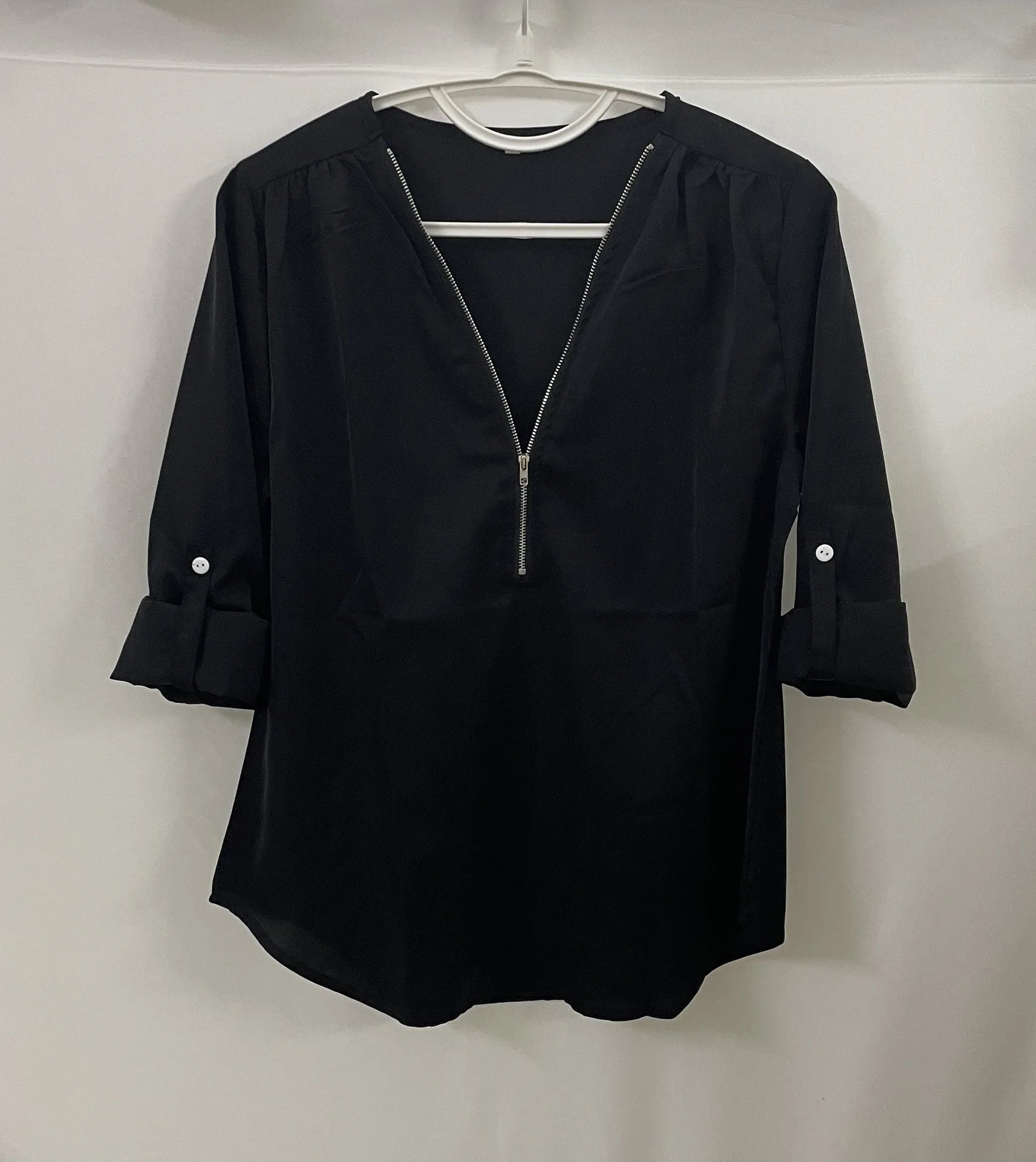 Summer Women’s Chiffon Blouse | Deep V-Neck Zipper Tops | Casual Loose Long Sleeve Plus Size Shirt