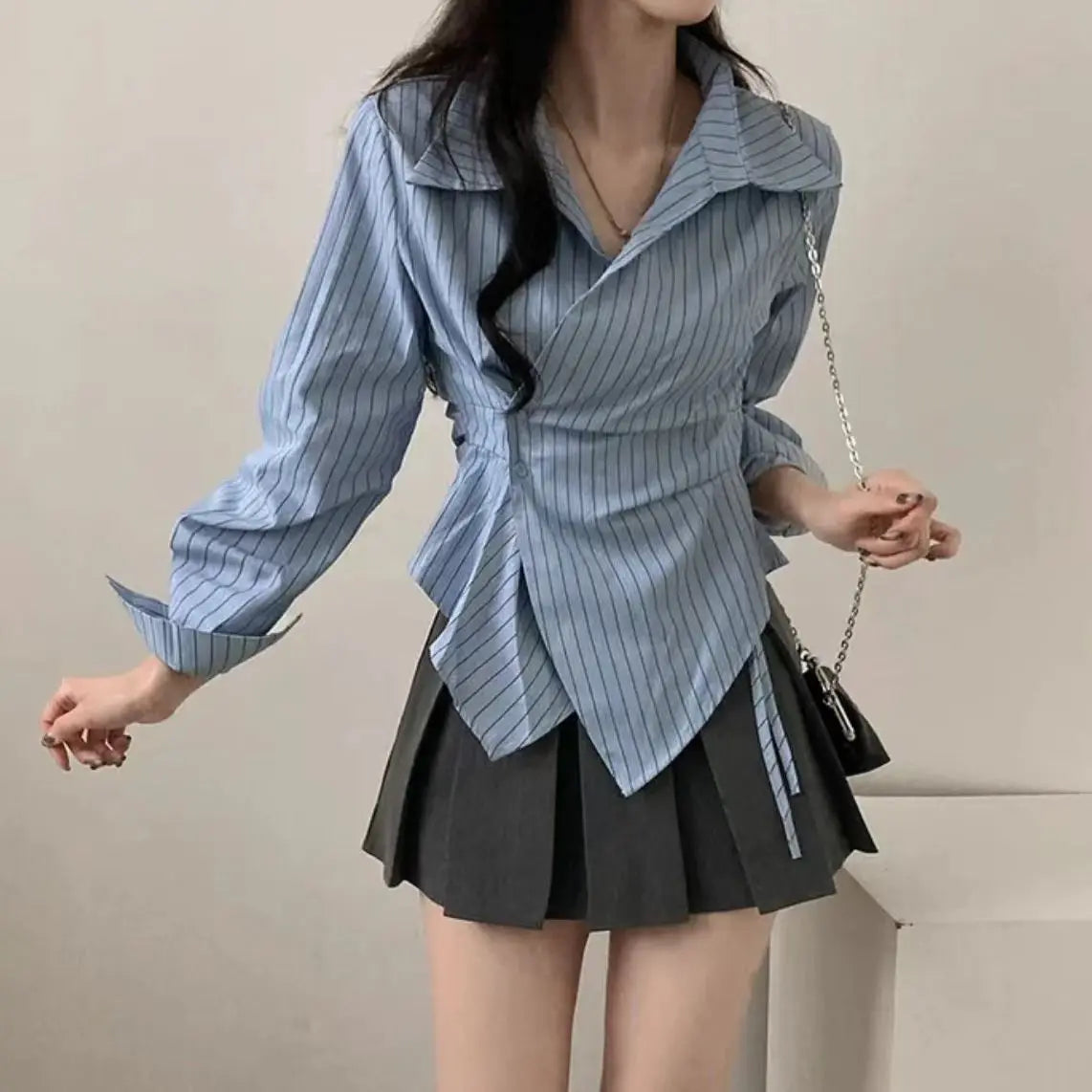✨ Slimming Effect White Asymmetrical Long Sleeve Top 👚 Waist-Cinching French Style Loose Fit 🌸 Women’s Premium Spring & Autumn Fashion