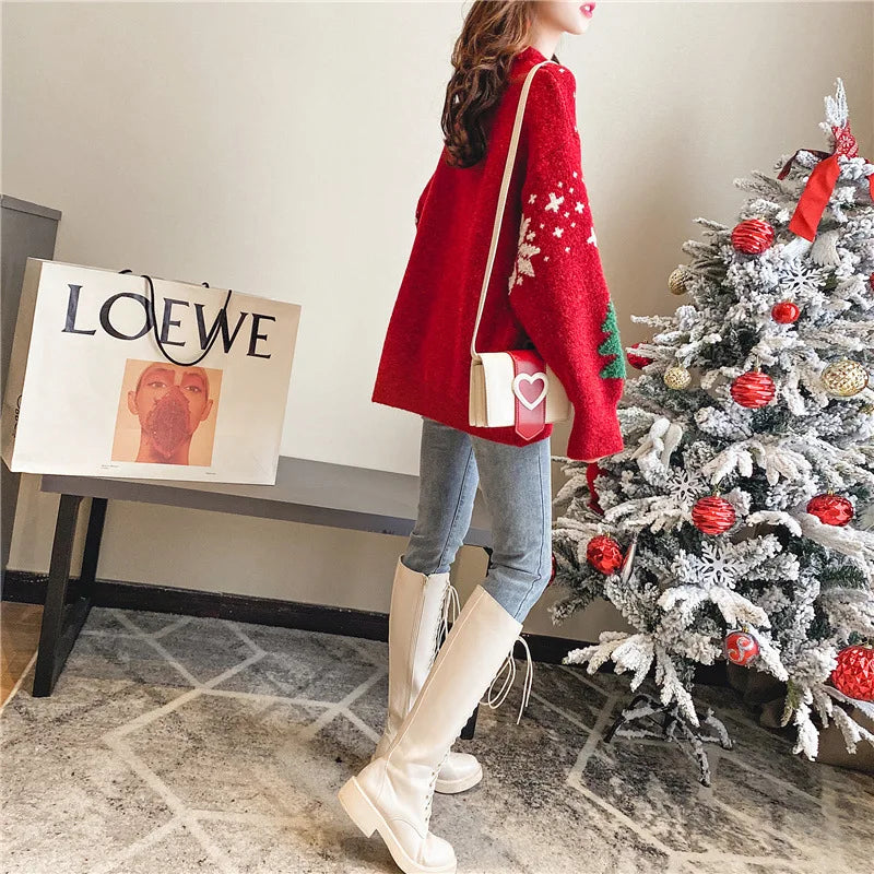 2024 Women’s Autumn/Winter Korean Color Block Sweater Hoodie | Thick Snowflake Loose Round Neck Top