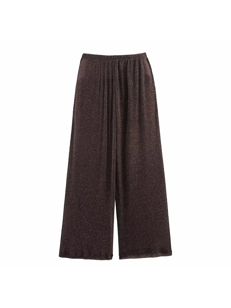 Vintage Brown Women’s Outfit – Asymmetrical Cold Shoulder Top & Wide Leg Shawl Pants 2025 Autumn Set 🍂✨