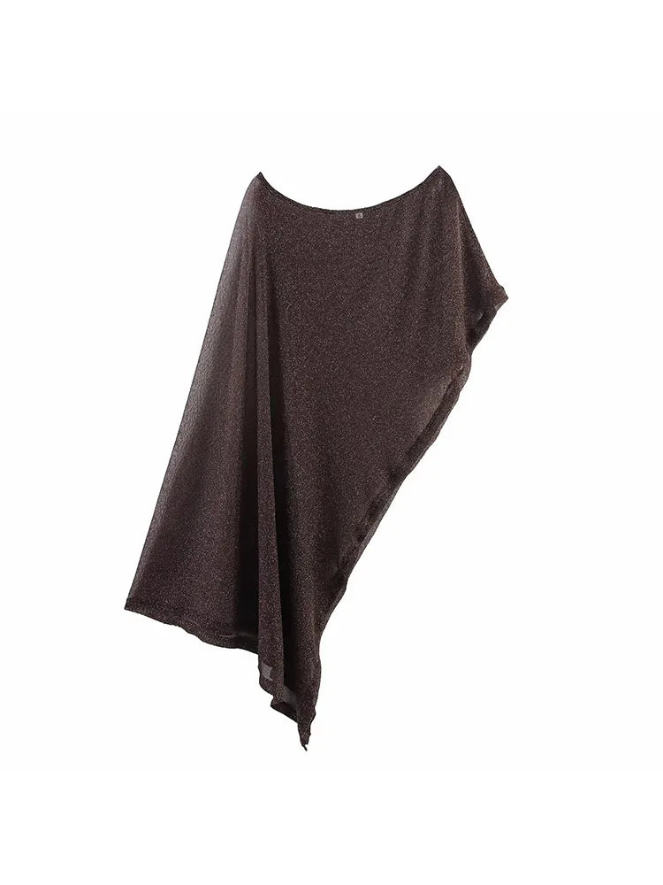 Vintage Brown Women’s Outfit – Asymmetrical Cold Shoulder Top & Wide Leg Shawl Pants 2025 Autumn Set 🍂✨