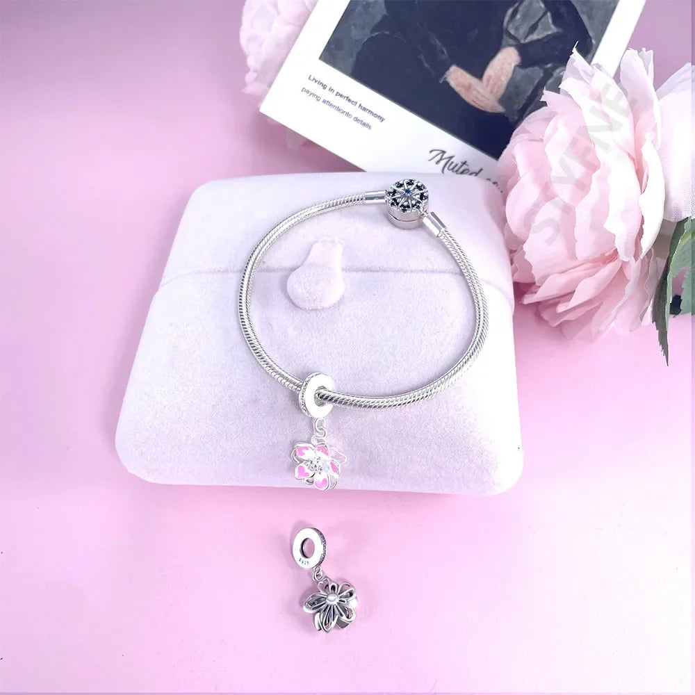 925 Silver Pink Cherry Blossom 🌸 Dangle Charm Bead for Pandora Bracelet