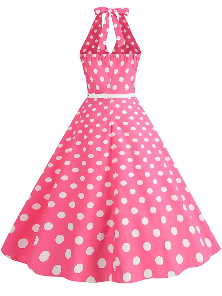 Women’s Vintage Halter Party Dress – Summer Polka Dot Midi Cocktail Prom Elegant Dress