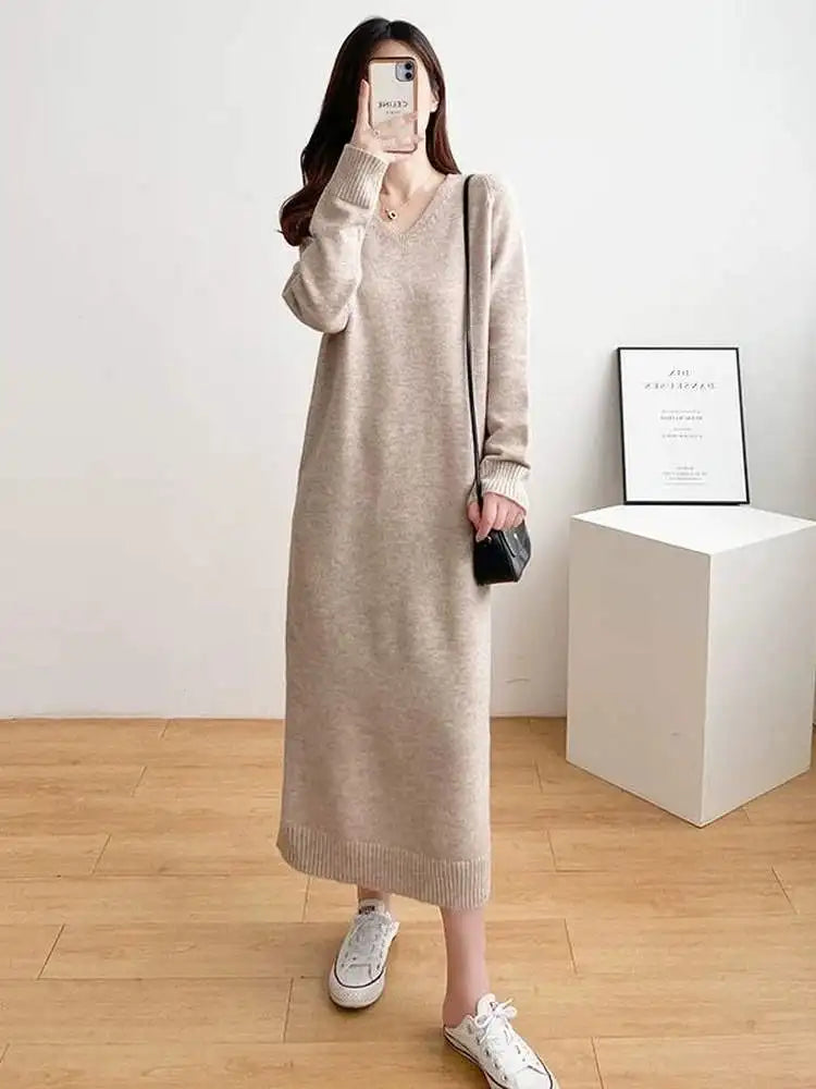 Ladies’ Knitted V-Neck Dress – Loose Fit Base Layer Skirt, Casual Straight Tube Korean Style Autumn Winter Dress