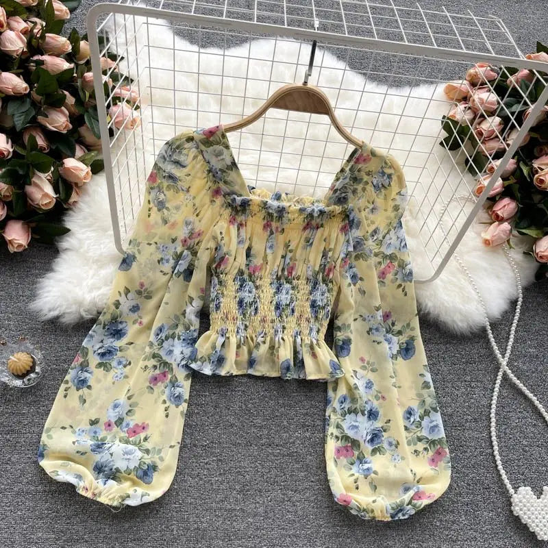 Pink Floral Chiffon Blouse for Women – Square Collar Lantern Sleeve Korean Summer Top 2024 🌸👚